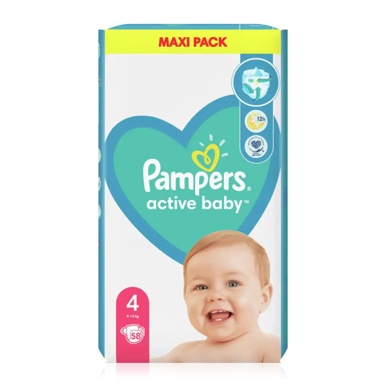 PAMPERS ACTIVE BABY 4 MAXI PACK, ΓΙΑ 9-14kg ΜΕ 58 ΠΑΝΕΣ